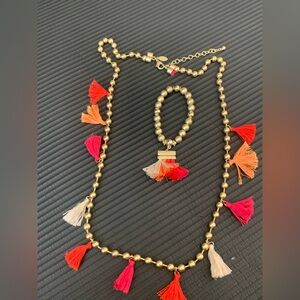 Chico's Gold Beaded Necklace and Bracelet Set with Colorful Tassels